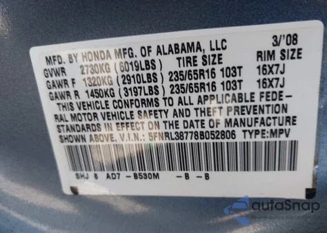 2008 Honda Odyssey Ex-L z USA, uszkodzony, nr VIN 5FNRL38778B052806